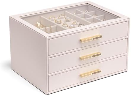 Vlando ガラス蓋 3段引き出し ジュエリーボックス 女性用ジュエリーボックス ネックレス 指輪 イヤリング ブレスレット アクセサリー収納用 オーガナイザー