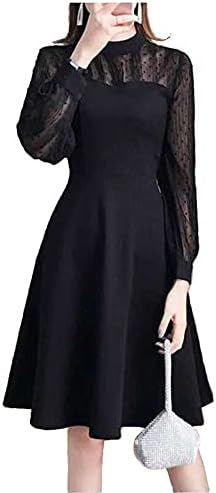 [Collecala] ワンピース レディースロング長袖ドレス ドットフロッキープリント クルーネック 肩透けセクシーワンピース 膝丈 Aライン 結婚式パーティードレス 通勤 二次会 結婚式