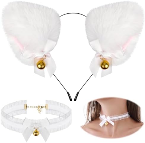 [JIURUN] 猫耳 カチューシャ 鈴付き コスプレ かわいい 髪飾り 黒 白 蝶結び ハロウィン クリスマス ふわふわ耳 コスチューム 仮装 小物 大人
