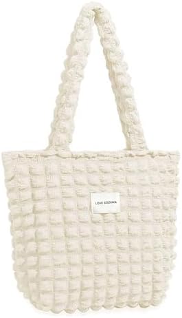 [happykau] ポップコーンバッグ トート キルティングバッグ レディース ショルダーバッグ シャーリング 可愛い 軽量 手提げ ファスナー付き おしゃれ 凸凹 通勤 通学 大容量