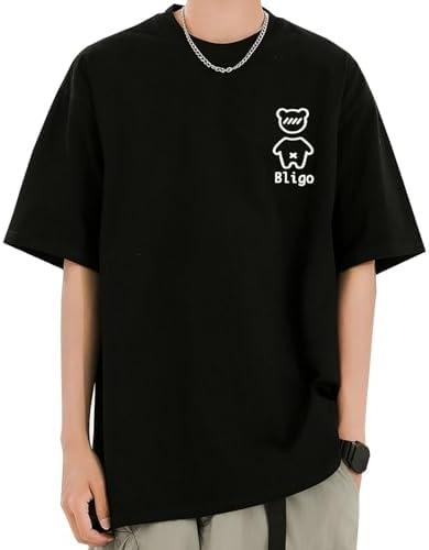 Bligo Men's Short Sleeve T-Shirt, Cotton, Summer Clothing, Large Sizes, Bear Pattern, Cool, Loose, Cool, Popular, Front Print, Simple, Stylish, Popular, Solid, Silhouette, Fashion, Casual, Top, Soft,