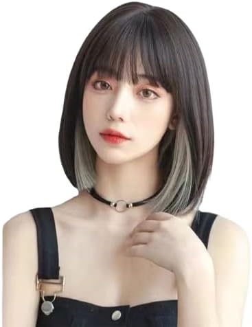 PRETOLE ウィッグショート インナーカラー ボブ 姫髪 レディーズ かつら 小顔効果 自然 原宿系 軽い 耐熱 高温 可愛い おしゃれ ファッション 日常 女装 コスプレ つけ毛 前髪ウィッグ ネット付き（ブラックブラウン＆白茶グレー） 1.0 個