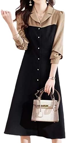 [JIURUN] エレガント ワンピース レディース Aライン パッチワーク ワンピース 長袖 前開き 着痩せ 膝丈 春 秋 ファッション 上品 おしゃれ きれいめ 普段着