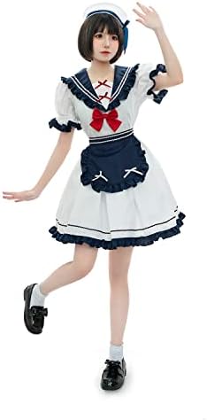 [JIURUN] ロリータ メイド服 ワンピース 海軍風 JKプリーツスカートリボンレディース かわいい ロリータ洋服 エプロン アリス風 長袖 半袖