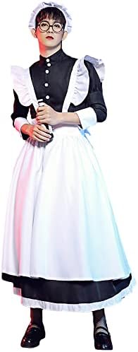 [YUEEI] メイド服 メンズ 男性向け ロングスカート コスプレ ハロウィン 仮装 ワンピース 長袖 可愛い パーティー イベント 撮影 女装 演出服 網タイツ付き 5点セット