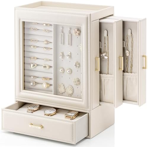 Vlando 大容量 ジュエリーボックス 大容量 吊り下げ ガラス窓 ネックレス イヤリング リング ブレスレット 腕時計 ジュエリー 収納 ケース 誕生日プレゼント 母の日のギフト (オフホワイト)