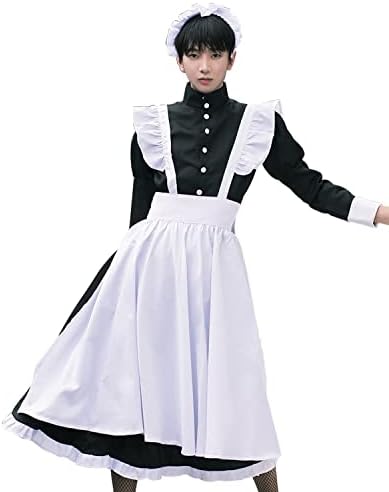 [JIURUN] メイド服 コスプレ 長袖 大きいサイズ 英国風 ロング丈 エプロン カチューシャ ワンピース 女装 メイド喫茶 コスチューム ハロウィン メンズ レディース 変装 仮装 プレゼント ゆめかわいい 服