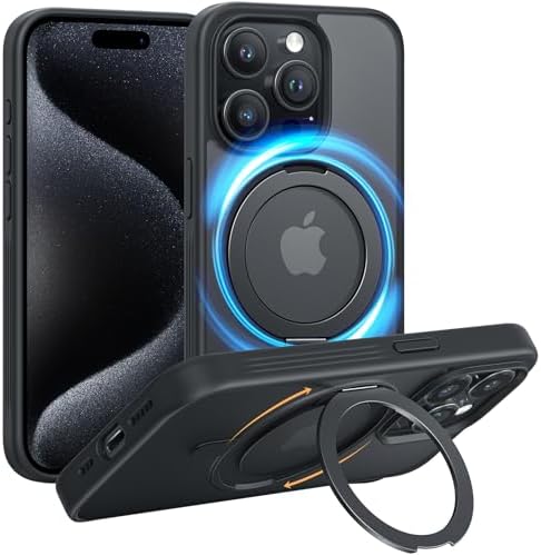 NIMASO iPhone 15 Pro 用 ケース 縦横両対応 360°回転スタンドケース いphone15Pro用 MagSafe対応 携帯スマホケース リングマグネット搭載 カバー ワイヤレス充電対応 マット感 防指紋 米軍MIL規格 耐衝撃性 アイフォン15プロ 用ケース アジャスタブルスタンド ブラック NSC24F1334
