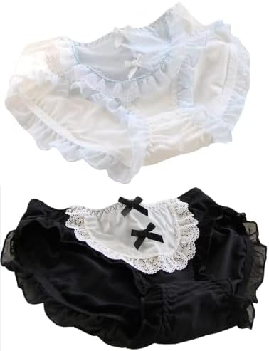 [Youngfull] サテンパンティー 2枚組 リボン メイド風 下着 かわいい ロリータ パンツ 男女兼用 ブリーフ 女装 変装 仮装 大きいサイズ ゆめかわ フリフリ ショーツ セクシー 下着