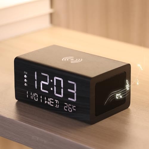 めざまし時計 bluetooth5.0 スピーカー 文字大きい 見やすい 置き時計 ワイヤレス充電 多機能時計 Qi スマホ ワイヤレス充電器 温度計 デジタル時計 めざまし時計 温度/日付き/曜日表示/3組アラーム 卓上時計 自動輝度調節 デジタル時計 おしゃれ USB給電 技適認証 ギフト 木目調（ブラック）