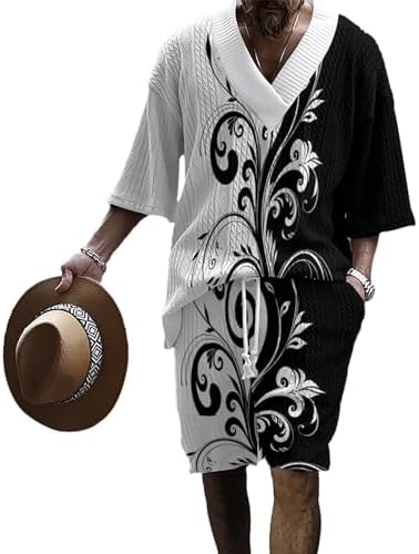 Anmurye Jersey Top and Bottom Set, Men's, Autumn Clothes, Long Sleeves, Cut & Sewn T-shirt, Long Pants, Casual, V-Neck, Big Size, Comfortable, Waist, Adjustable, Solid, Breathable, Top and Bottom