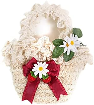 [JIURUN] カゴバッグ レディース ロリータ ハンドバッグ 田園風 草編みバッグ リボン付き 蝶結び 可愛い 森ガール レース フリル 肩掛け 手提げ お花付き