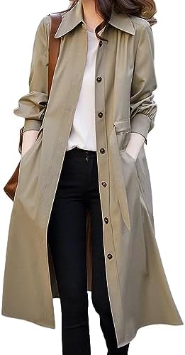 AUSKYレディース コート アウター 襟付き トレンチコート ロング 長袖 ボタン ポケット ベルト付き aライン ハーフコート 薄手 カジュアル 着瘦せ きれいめ 大人 通勤 お出かけ 春 秋 冬