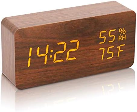 目覚まし時計 置き時計 木目 おしゃれ LEDデジタル 時計 アラームクロック 温度湿度計 カレンダー 記憶機能 USB給電式 インテリア プレゼントGoodView ブラウン