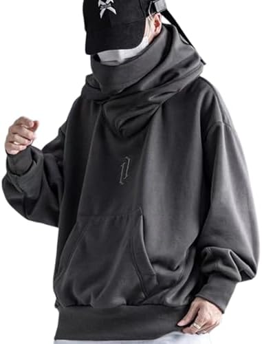 BLANK BLANC Men's Street Hoodie, High Neck, Korea, Solid, Oversized