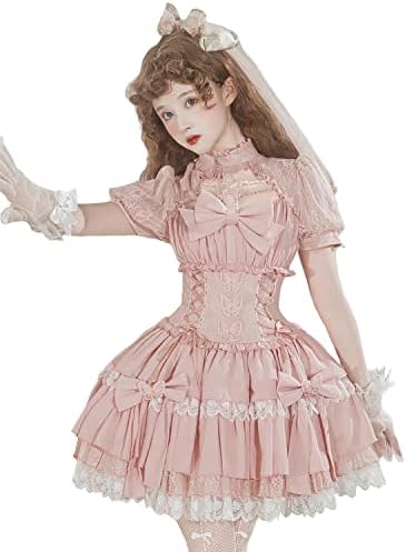 [JIURUN] ロリータ ゴスロリ ワンピース 衣装 ロリータ コスプレ アニメ リボン ピンク 大きいサイズ 森ガール 甘ロリ ゴシック ドレス ひざ丈 女装 服 メイド 可愛い 女の子 ガールズ クリスマス ハロウィン