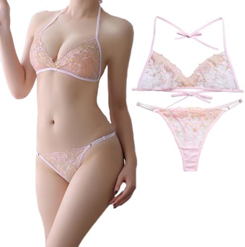 [Lunon] 女装 マイクロビキニ 上下セット透け感/紐ブラ/紐パン/Tバック花柄 男の娘 セクシー コスプレ ブラジャー パンツ 胸 おとこの娘 服 大きいサイズ (ピンク)