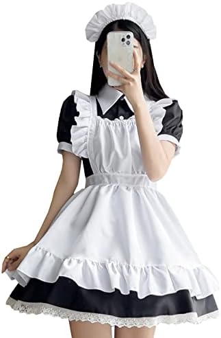[FULINE] メイド服 コスプレ コンカフェ メイド エプロン 定番 ショート丈 メイドコスチューム 仮装 レディース メンズ セット 一式 こすぷれ イベント パーティー 大人 男女兼用