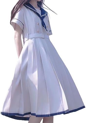 [GSYCL] セーラー服 ワンピース 半袖 紺色 ホワイト 女子高生 3点セット ハロウィン 衣装 JK 制服 コスチューム ロングスカート ネクタイ ベルト ボタン 女子制服 写真 撮影 文化祭 学园歳 卒業式 可愛い 森ガール