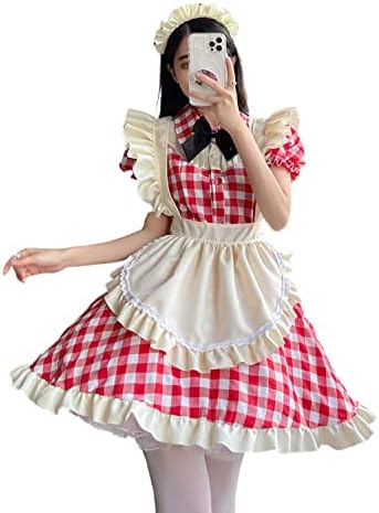 [JIURUN] メイド服 チェック柄 ワンピース ロリータ コスプレ 大きいサイズ 蝶結ぶ ハロウィン 仮装 レディース エプロン カチューシャ レディース コスプレ コスチューム 可愛い メイドカフェー 女装 喫茶店 文化祭 学園祭
