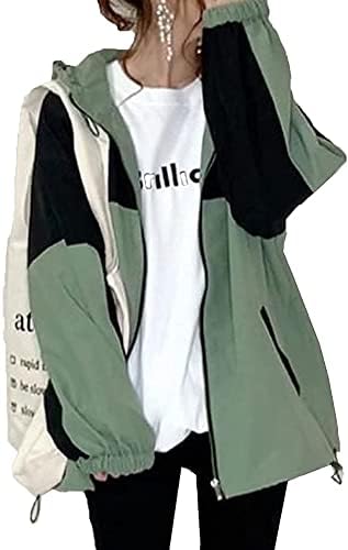 レディース ジャケット パーカー ウインドブレーカー コート ブルゾン アウター マウンテンパーカー ジップアップ トレーナー ジャンパー フード付き 羽織スウェット カジュアル 長袖 ゆったり 切り替え 春秋冬 原宿系 ストリート系 (グリーン, フリーサイズ)