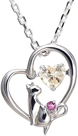 [未来天使] ネックレス レディース ハート 猫 ダンシングストーン シルバー 選べる 誕生石 シャンパンゴールドカラー 1月 ロードライトガーネット