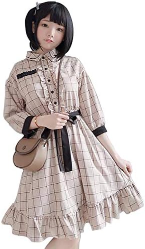 サニーステップレディース チェック 柄 ワンピース 靴下付き XS〜6Lサイズ グレー ブラウン ベージュ ロリータ かわいい 服 大きいサイズ ゆったり Aライン 七分袖 ひざ丈