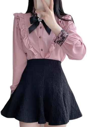 [YoniStar] 地雷系 量産型 ブラウス 服 地雷 レディース 地雷服 ピンク ロリータ トップス 長袖 リボンブラウス 量産服 かわいい ボウタイ レース フリルブラウス