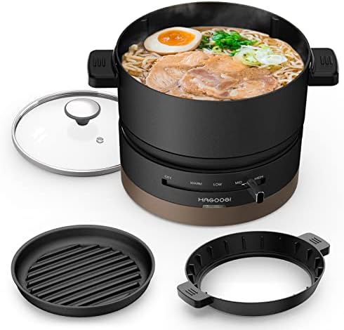 ハゴオギ (HAGOOGI) 電気鍋 1L 600W ひとり暮らし用 グリル鍋 波形プレート ガラス蓋 温度調整機能 着脱式 丸洗い可 一台多役 一人鍋 なべサイズ17cm コンパクト 一人用 鍋 車中泊 自炊 キャンプ ブラック