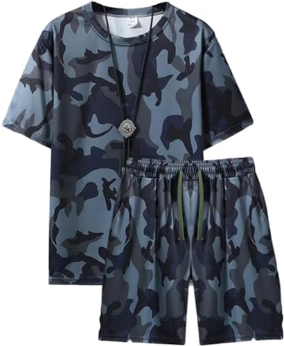 Luxe Relax Men's Camouflage Setup, Top and Bottom 2-Piece Set, T-Shirt, Shorts, Sports, Training