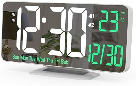 KOSUMOSU 目覚まし時計 時計 デジタル時計 置き時計 6.7インチミラー時計 掛け時計 明るさ調整可能なLED 時計 寝室、リビングルーム用デュアル目覚まし時計 12/24時間/曜日/日付/温度表示 ACD-330Ｗ