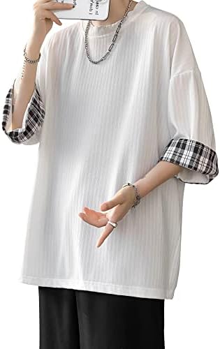 Easykode Men's T-shirt, 3/4 Sleeve, Summer Clothing, Gingham Switching, Folded, 5/4 Sleeve T-shirt, Fashionable, Vertical Stripes, Jacquard Large Size, Clothes, Thin, Stretchy, Popular, Striped