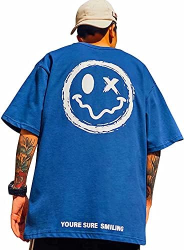 Exsaupy Men's Short Sleeve T-shirt, Smile Back Print, Funny T-shirt, Half Sleeves, Big Silhouette, Crew Neck, Cut and Sewn, Top, Thin, Stylish, Summer Clothing, Popular, Sweat Absorbent, Quick Drying,