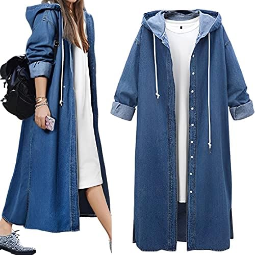 [エアバイ] フード付き 長袖 デニムコート レディース ロングコート デニムジャケット スプリングコート 春 秋