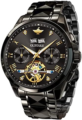 腕時計 メンズ 全黒 自動巻き 豪華 紳士 人気 スケルトン タングステン サファイア 夜光 5気圧防水 日付 曜日 ブラック