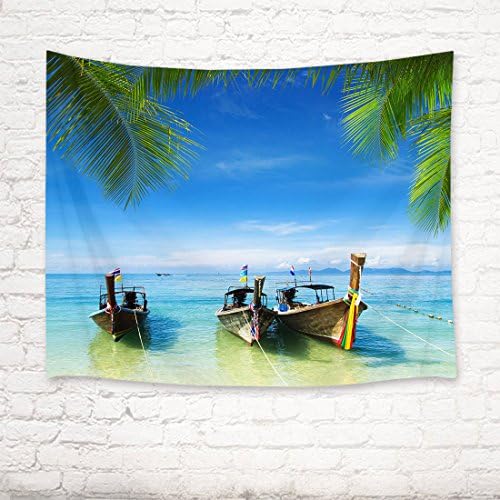 LB ビーチ風景 タペストリー 青空と海上の小船 椰子の木 おしゃれ壁掛け インテリア モダン 南国風情 ファブリック装飾品 多機能 壁 窓 個性プレゼント 布製 (200ｘ150cm)