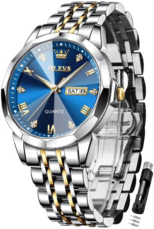 OLEVS 腕時計 メンズ おしゃれ クォーツ 男性用 時計 防水 シンプル ダイヤモンド 見やすい 文字盤 ステンレスバンド 日付 夜光 watch for men ブルー