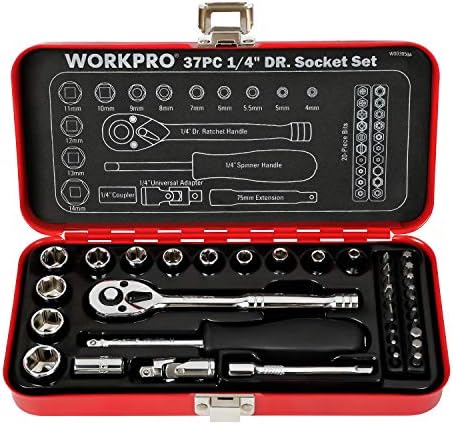 WORKPRO ソケットレンチセット ガレージツールセット ラチェットレンチ 差込角6.35mm（1/4インチ） クイックリリースラチェットハンドル 工具 道具 セット 37点組鉄製ケース付属