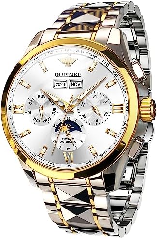 OUPINKE 腕時計 メンズ 人気 秒針停止 白文字盤 デイナイト機能 スケルトン サファイア 自動巻き 夜光 日付 5気圧防水