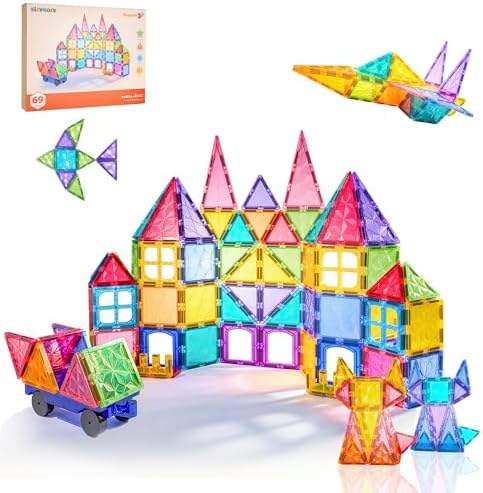 SILYMOLY シリモリー マグネットブロック マグネットタイル 69ピース 全８色 車パーツ付き ピタゴラス 祝い 磁石ブロック 子供向け 知育玩具 磁気おもちゃ 小学生 おもちゃ 誕生日 入園 卒園 ギフト クリスマスプレゼント