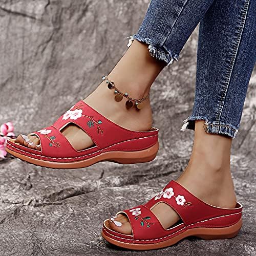 女性用整形外科サンダル花刺繍ローウェッジサンダルサマーオープントゥスリップオンサンダルアーチサポートミュールクロッグビーチスリッパシューズ,赤,US7/EU38