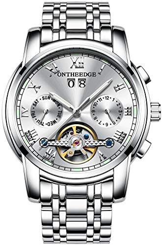 RORIOS 自動巻き 機械式時計 メンズ 腕時計 手巻き 日付表示 曜日表示 夜光 ビジネス ウォッチ トゥールビヨン 多針アナログ ステンレスバンド 防水 日本語説明書付き 一年保証 シルバーB